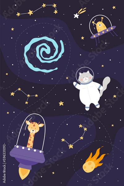 Fototapeta Space adventure of astronaut animals vertical vector illustration. Cartoon childish art design with cute explorers in helmet and spacesuit flying in galaxy with rocket planets, stars in constellation