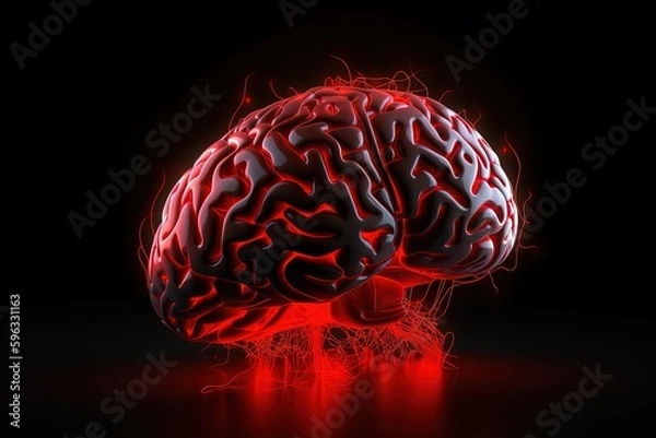 Obraz Brain illustration, red neon light, black background, creativity concept. Generative AI