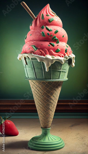 Fototapeta Illustration of watermelon ice cream with watermelon slices in a waffle cone. The concept of natural sweets. A popular summer refreshing treat. Generated by artificial intelligence