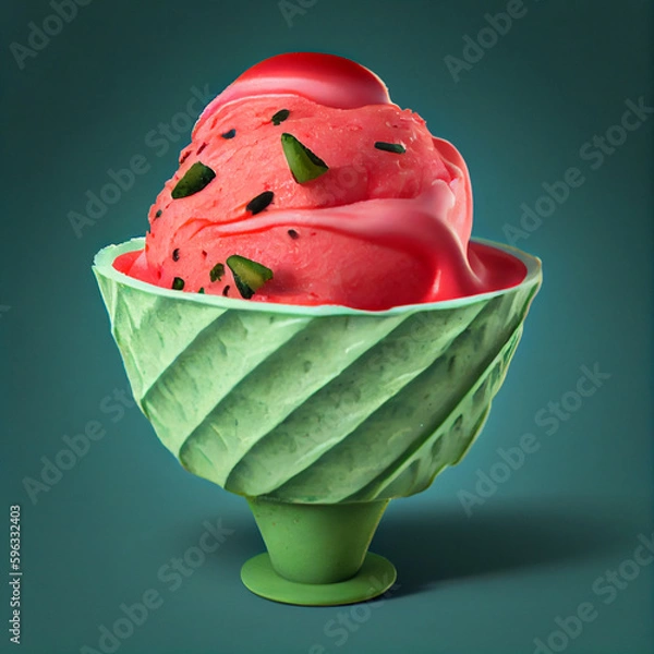 Fototapeta Illustration of watermelon ice cream with watermelon slices in a waffle cone. The concept of natural sweets. A popular summer refreshing treat. Generated by artificial intelligence