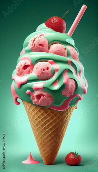 Fototapeta Illustration of watermelon ice cream with watermelon slices in a waffle cone. The concept of natural sweets. A popular summer refreshing treat. Generated by artificial intelligence