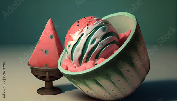 Fototapeta Illustration of watermelon ice cream with watermelon slices in a waffle cone. The concept of natural sweets. A popular summer refreshing treat. Generated by artificial intelligence
