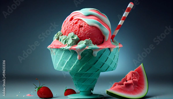 Fototapeta Illustration of watermelon ice cream with watermelon slices in a waffle cone. The concept of natural sweets. A popular summer refreshing treat. Generated by artificial intelligence