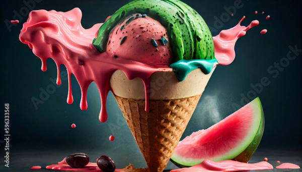 Fototapeta Illustration of watermelon ice cream with watermelon slices in a waffle cone. The concept of natural sweets. A popular summer refreshing treat. Generated by artificial intelligence