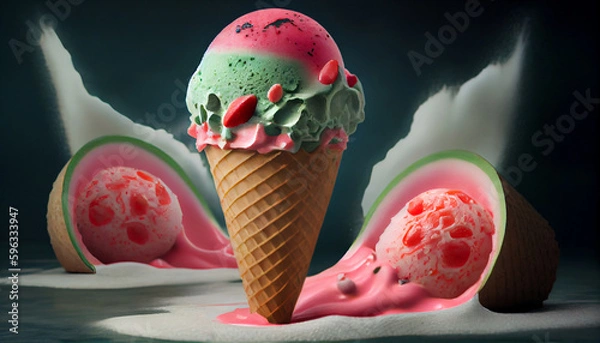 Fototapeta Illustration of watermelon ice cream with watermelon slices in a waffle cone. The concept of natural sweets. A popular summer refreshing treat. Generated by artificial intelligence
