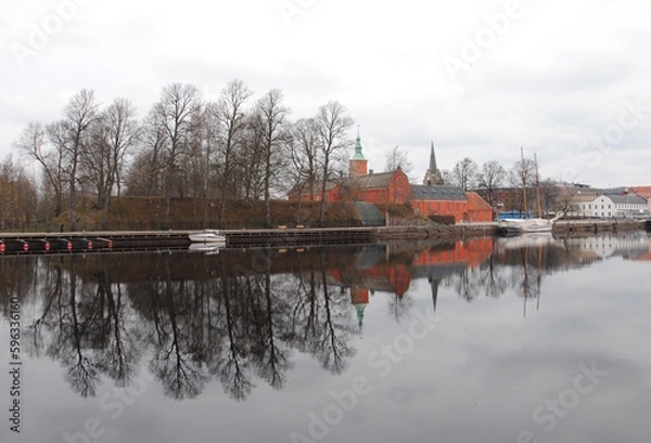 Fototapeta View on Halmstad Castle (Halmstads slott), a 17th-century castle on the Nissan river in Halmstad, in the province of Halland, Sweden on a cloudy day