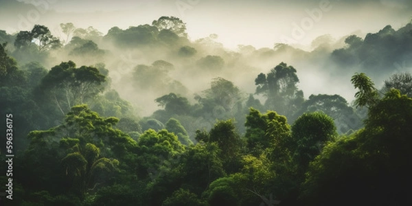Obraz Rainforest landscape with green trees and fog in the morning - theme conservation, climate change and renewable energy - Generative AI 