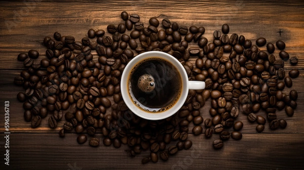 Fototapeta Top view of a Coffee mug with coffee beans on a table. Creative with Generative AI.