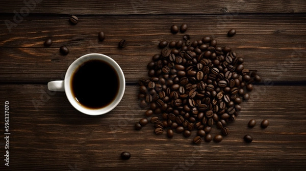 Fototapeta Top view of a Coffee mug with coffee beans on a table. Creative with Generative AI.