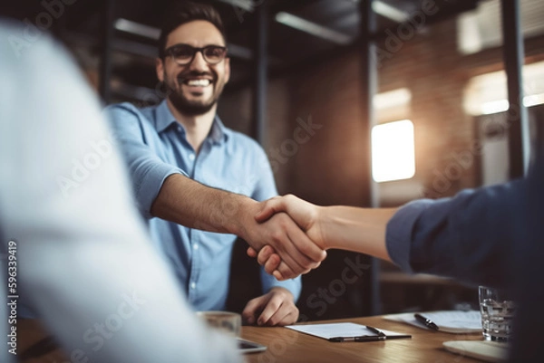 Obraz Two men handshake or shake hands - theme business, partnership, contract or welcome - Generative AI