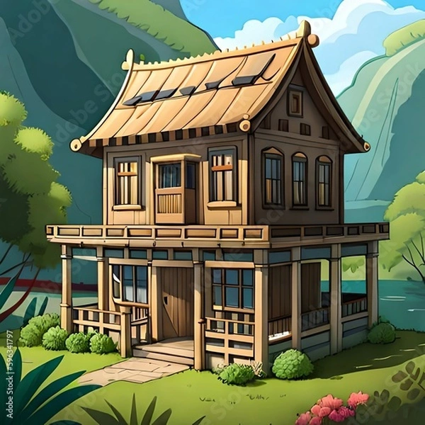 Fototapeta Traditional village house created with Generative AI technology