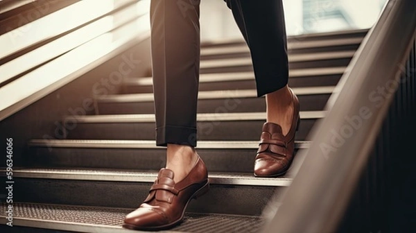 Fototapeta  Close up of business womans feet walking up a set of stairs, generative ai