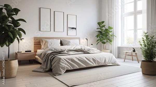 Fototapeta  Minimalistic Scandinavian bedroom with a comfortable bed, soft linens, and neutral tones, complemented by a touch of greenery, generative ai