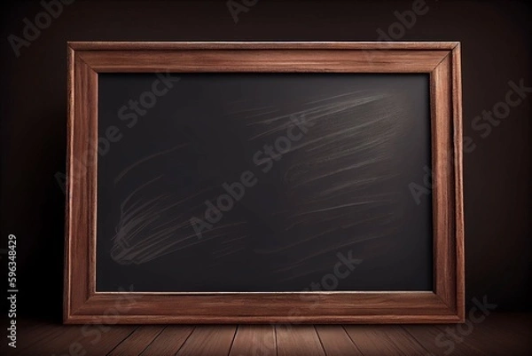 Fototapeta Chalkboard texture background, brown wooden frame, backdrop, realistic. Generative AI