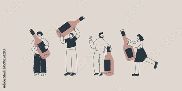 Fototapeta Set of illustrations of cute characters with huge bottles of wine. Men and women hold giant bottles. For the design of postcards, posters or invitations.