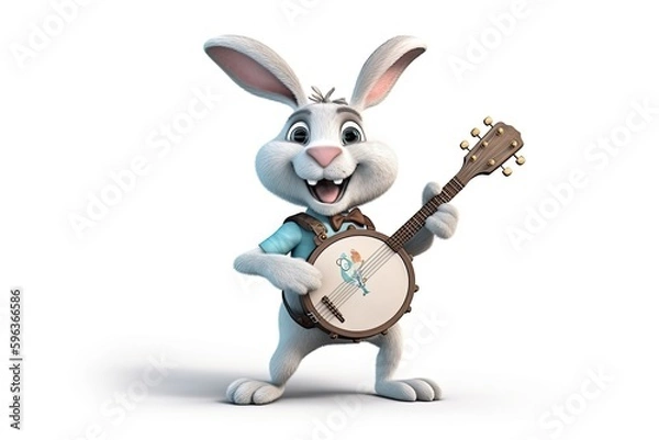 Fototapeta White rabbit or hare playing banjo on a white background isolated