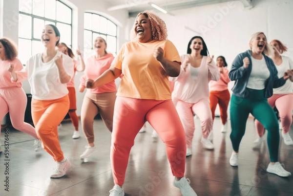 Fototapeta happy plus size women dancing together. generative ai.