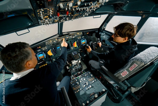 Fototapeta An experienced pilot instructs a young student before a training flight in the cockpit of an aero simulator