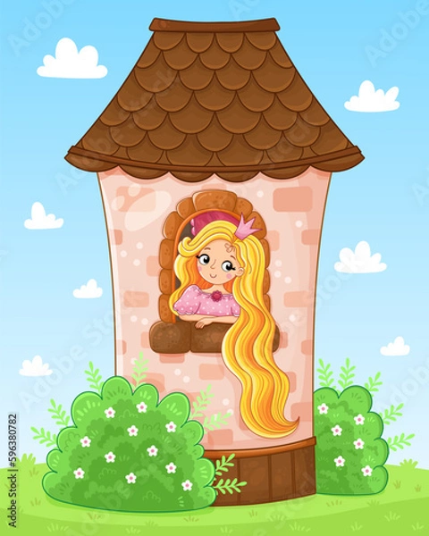 Fototapeta Fairy Tale scene with cute princess in the tower illustration. Vector illustration in a cartoon style.