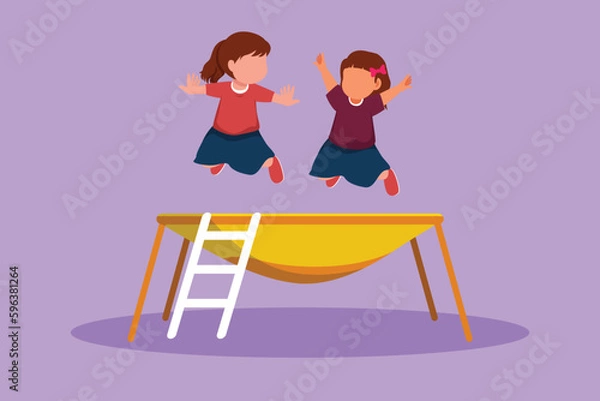 Fototapeta Graphic flat design drawing two little girl jumping on trampoline together. Happy kids jumping on round trampoline. Active children outdoors games at amusement park. Cartoon style vector illustration