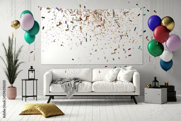 Fototapeta modern living room with balloons made with generative ai