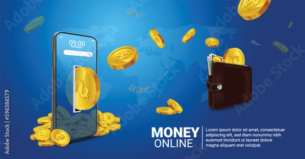 Obraz Money online on mobile phone, wallet, and credit card online Online spending Concept of cryptocurrency technology. Online shopping spending And digital money