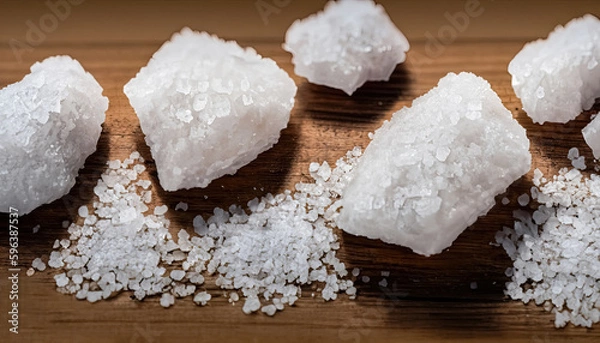 Fototapeta Rock Salt on Wooden Table - Adding Texture and Flavor to Your Dishes, The Pure and Nutritious Rock Salt , Enhancing Your Culinary Creations with Rock Salt on Wooden Table with copy space 
