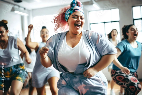 Obraz Plus size woman enjoys movement in a sports group. generative ai