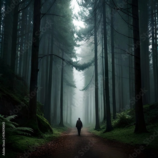 Fototapeta A man walking inside the forest  created with Generative AI technology