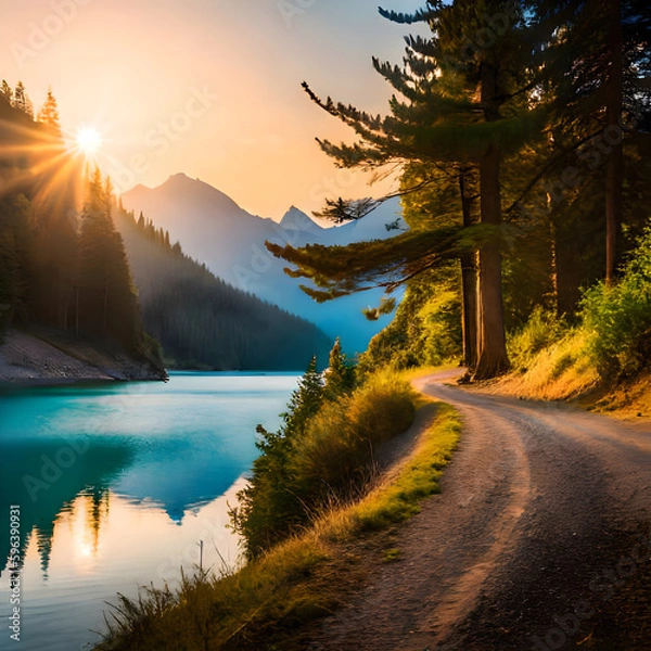 Fototapeta Forest view with river created with Generative AI technology