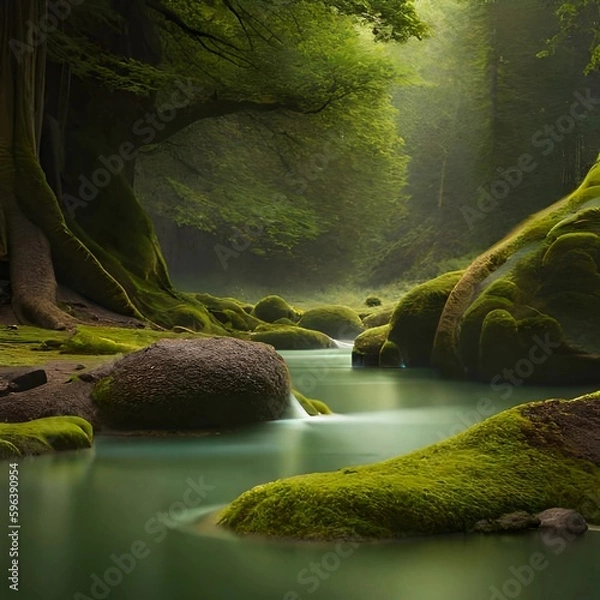 Fototapeta Forest with river created with Generative AI technology