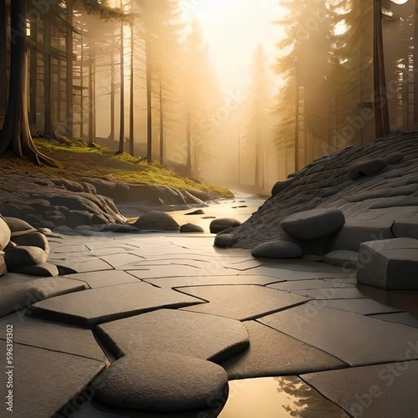 Fototapeta Sunrise on a forest with river created with Generative AI technology