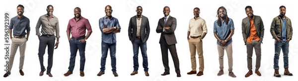 Fototapeta Group of full body black men each all with different ages, sizes, hairstyles, facial hair, clothing, separately isolated on a white background.  Illustration created with Generative AI technology.