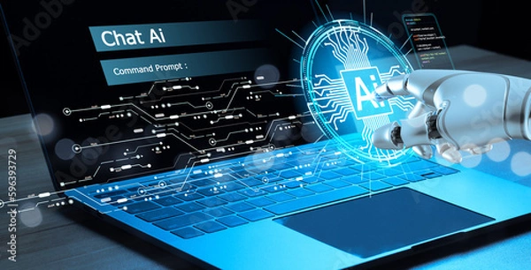 Fototapeta Robot hand Chat with AI, Artificial Intelligence. Technology smart robot AI Concept, artificial intelligence by enter command prompt for generates something, Futuristic technology transformation.