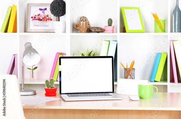 Fototapeta Workplace with laptop, close up