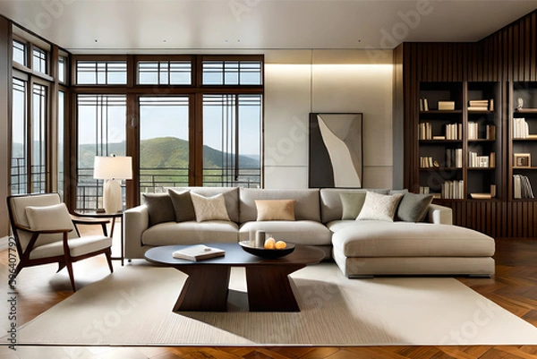 Fototapeta The interior design of a living room with an eclectic mix of furniture and decor  | Generative AI