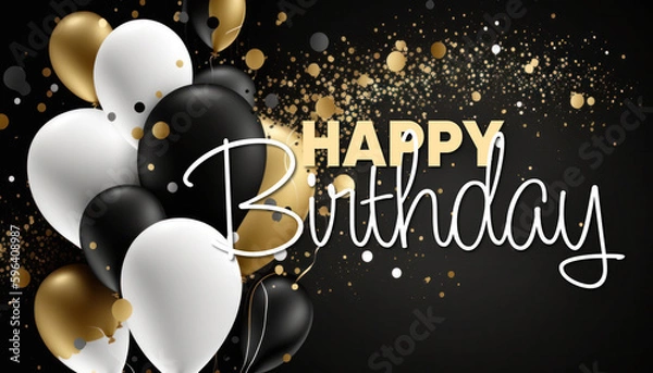 Fototapeta Happy birthday or anniversary background with message, black, golden and white balloons and confetti generative ai