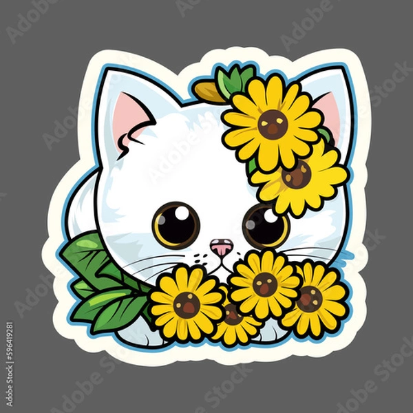 Fototapeta Sticker with a cute cat with sunflowers. Vector graphics