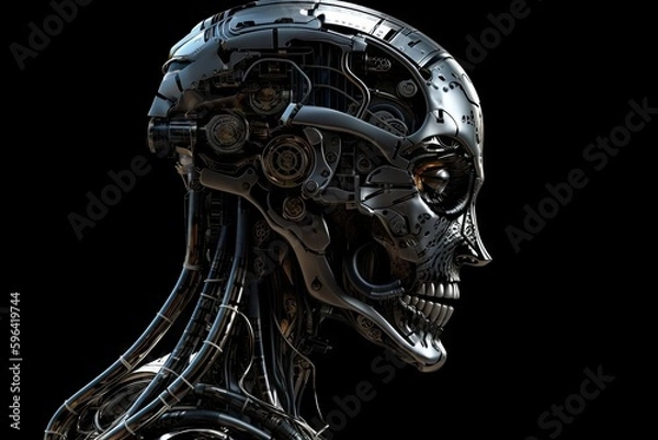 Fototapeta Detailed futuristic robot, cyborg head with dark background. Generative AI Technology