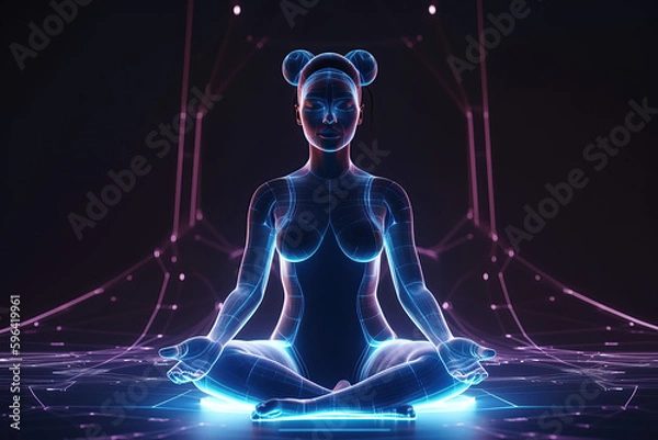 Fototapeta Abstract futuristic image of woman yogi sits in a lotus pose, body connection points with universe concept, created with Generative AI