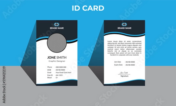 Fototapeta Id card with lanyard set isolated vector illustration. Blank plastic access card, name tag holder with pin ribbon, corporate card key, personal security badge, press event pass Office ID Card Template