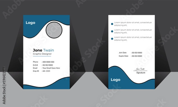 Obraz Id card with lanyard set isolated vector illustration. Blank plastic access card, name tag holder with pin ribbon, corporate card key, personal security badge, press event pass Office ID Card Template