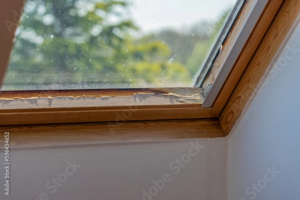 Fototapeta Roof window after leaking, wood is starting to rot, old weathered wooden window