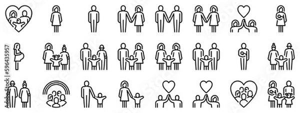 Fototapeta Line icons about people, types of family structures on transparent background with editable stroke.