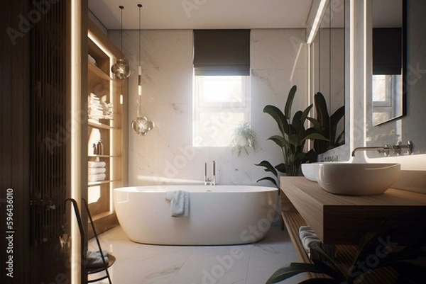 Obraz Contemporary bathroom redesign featuring wide-angle view. Generative AI