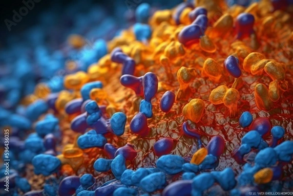 Fototapeta Structure of low density lipoprotein (LDL): protein b100 in blue, phospholipids in orange and blue, cholesterol in orange and violet, and cholesteryl ester and triglycerides in yellow. Generative AI