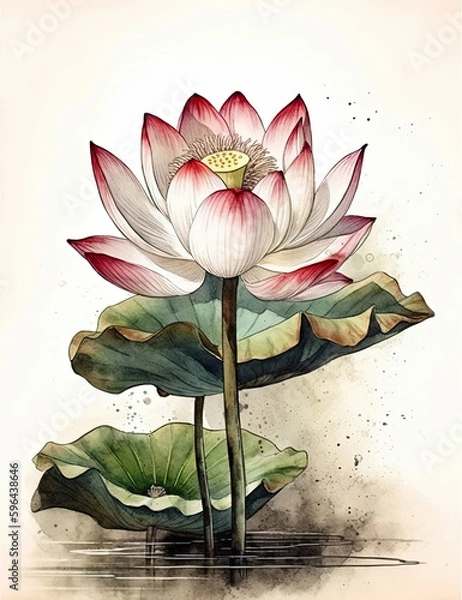 Obraz Lotus flower, asian style watercolor art, beautiful serene wall art, clip art, digital asset. Generative AI