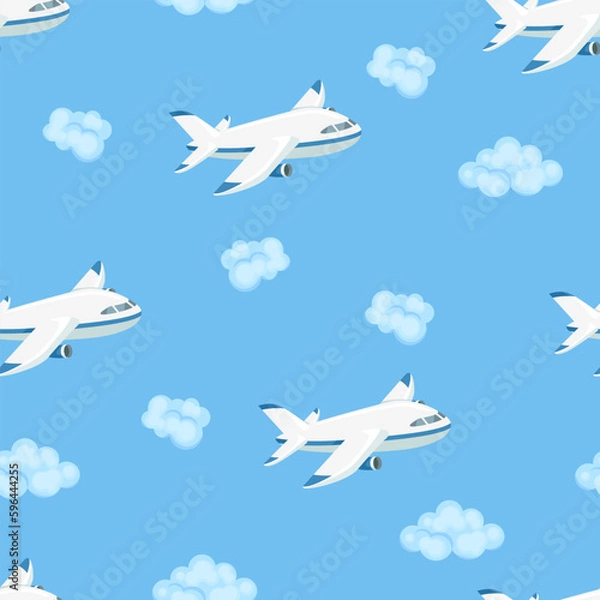 Obraz Airplanes in the blue sky. Vector seamless pattern. Background with cartoon white aircrafts and clouds. Simple flat illustration.