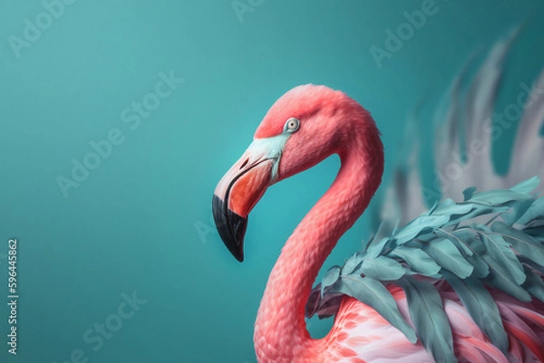Fototapeta Pink flamingo in tropical leaves on a blue background AI generative