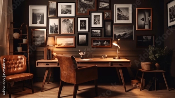 Fototapeta A cozy study room with a vintage desk, a leather armchair, and a gallery wall of photo frames. Generative AI